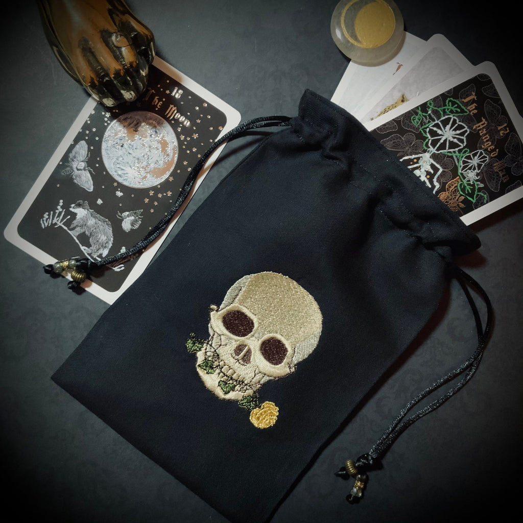 Embroidered Flora Skull Black Pouch