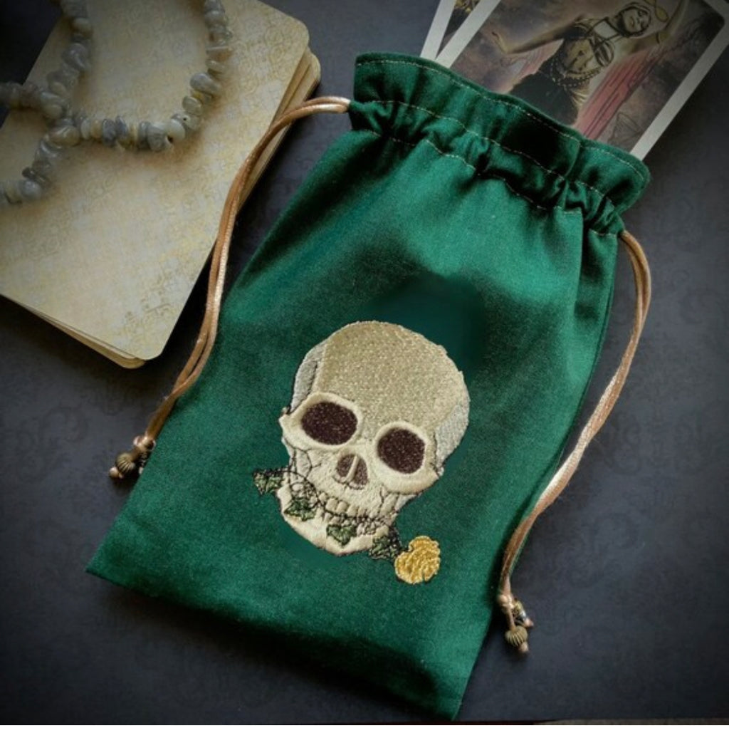 Green Embroidered Flora Skull Pouch